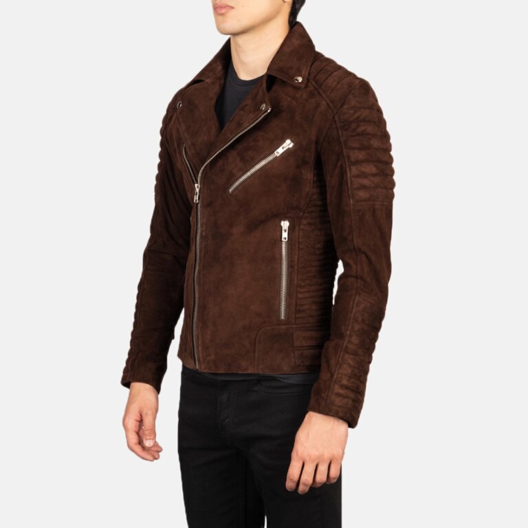 Mens Armand Mocha Suede Biker Jacket Side Pose-3-1720094976335